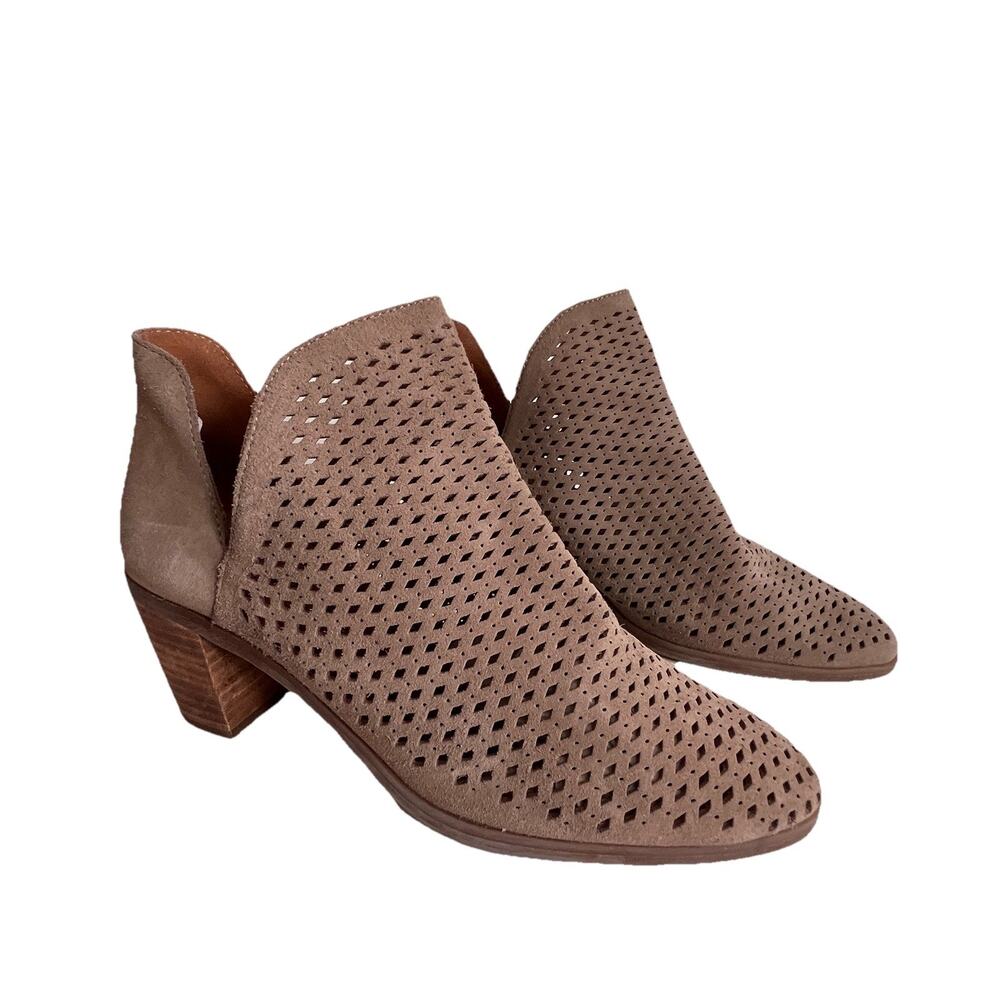 LUCKY BRAND 9.5 Taupe Perforated Suede Leather Split Top Ankle Booties